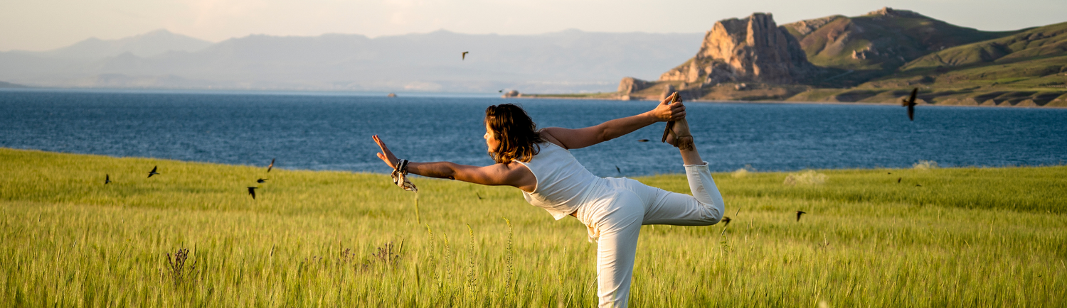 A woman in a yoga pose in a green field near a lake, surrounded by flying birds, with mountains in the background under a clear sky symbolizing balance, wellness, and natural vitality
