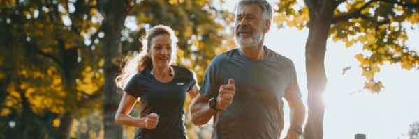 Active man and woman jogging outdoors in a park for healthy circulation