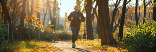 Man jogging on a forest path promoting active movement and healthy leg circulation